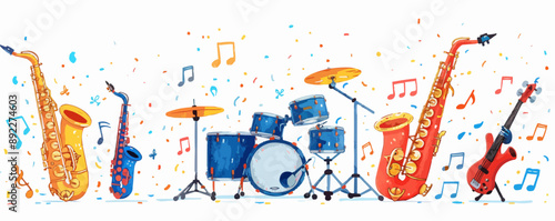 Jazz band instruments and musical notes on a clean white surface. Vector flat isolated illustration.