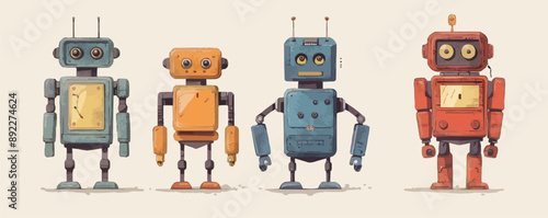 Toy robots on a white background. Vector flat minimalistic isolated illustration.