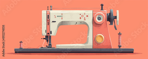 Vintage sewing machine with pedal, needle, and thread Vector flat minimalistic isolated illustration