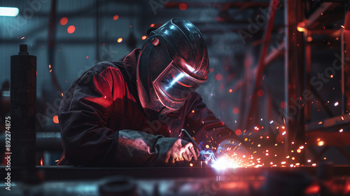 A gas-electric welder is working in a dimly lit indust