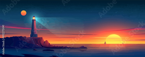 A serene coastal lighthouse guiding ships through the night. Vector flat minimalistic isolated illustration.