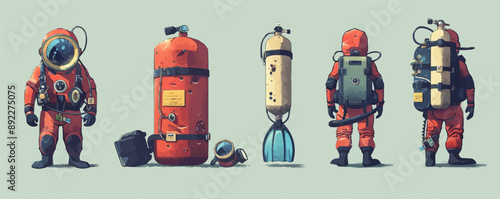Vintage scuba diving gear with mask, snorkel, and oxygen tank Vector flat minimalistic isolated illustration