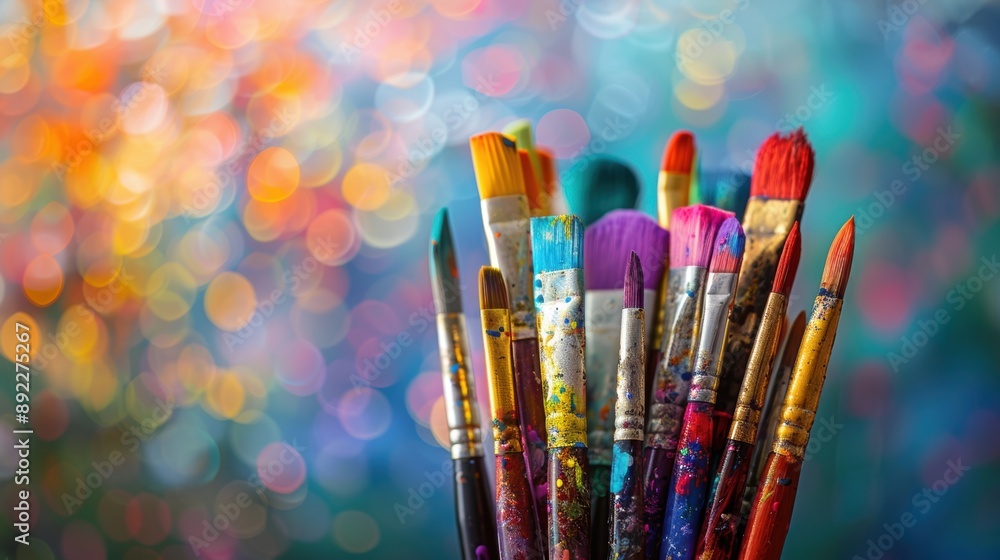 Vibrant collection of paintbrushes covered in paint, set against a colorful bokeh background, evoking creativity and artistic expression. Vibrant collection of paintbrushes covered in paint, set against a colorful bokeh background, evoking creativity and artistic expression.