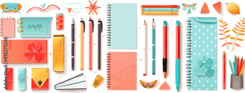 Scrapbooking supplies and decorative paper on a plain white backdrop. Vector flat isolated illustration.