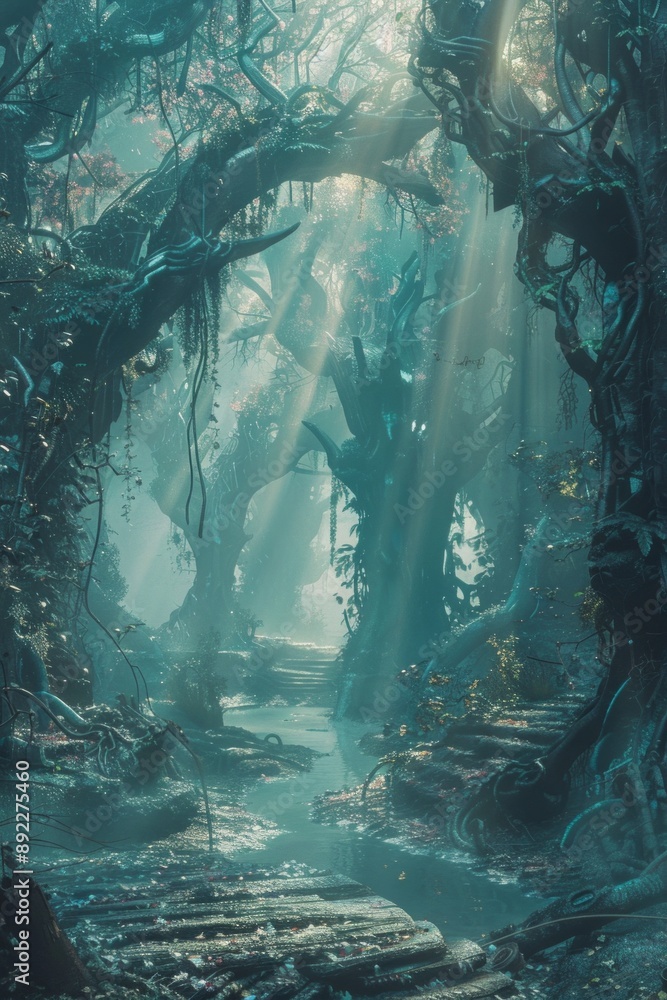 Obraz premium A mystical swamp, with ancient, gnarled trees, and mist swirling around the ground 