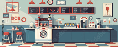 Vintage ice cream parlor with a retro jukebox Vector flat minimalistic isolated illustration