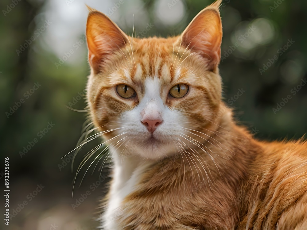 orange cat with blur background, orange cat is sitting and looking