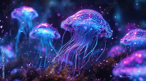 Create a digital artwork showing the beauty of bioluminescence in underwater creatures