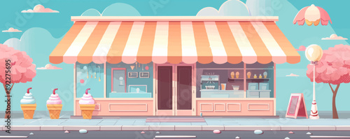 Vintage ice cream parlor with striped awnings and ice cream cones Vector flat minimalistic isolated illustration