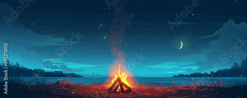 A cozy campfire crackling under a starry night sky. Vector flat minimalistic isolated illustration.
