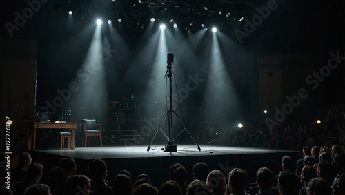 photo of mic stand in the middle of the stage made by AI generative