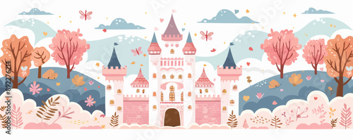 Whimsical fairytale castle with towers and battlements Vector flat minimalistic isolated illustration