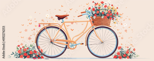 Vintage bicycle with wicker basket full of flowers Vector flat minimalistic isolated illustration