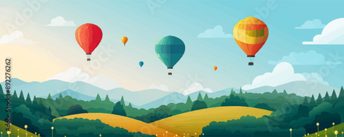 A hot air balloon, its basket filled with dreams, soaring into a clear blue sky, captured on a stark white backdrop. Vector flat minimalistic isolated illustration.