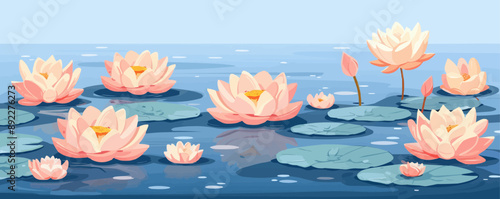 Tranquil lotus pond with delicate blossoms floating on the surface. Vector flat minimalistic isolated illustration.