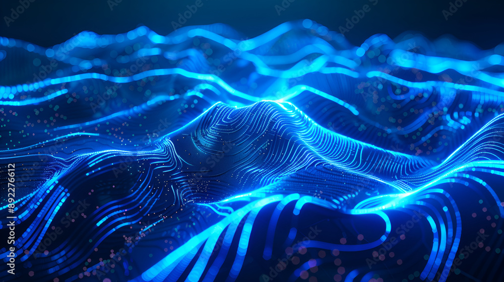 Abstract blue color digital particles wave with dark background ...