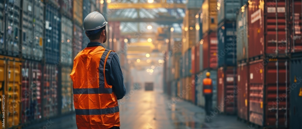Precision in Motion - Warehouse Manager Supervising Container Handling Operations with Employees in Crisp Precision in Motion - Warehouse Manager Supervising Container Handling Operations with Employees in Crisp