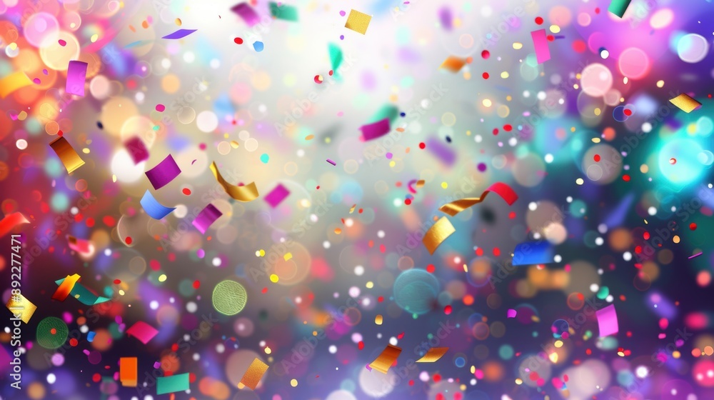Naklejka premium Vibrant colorful confetti falling against a bokeh background, creating a festive and joyful celebration scene.