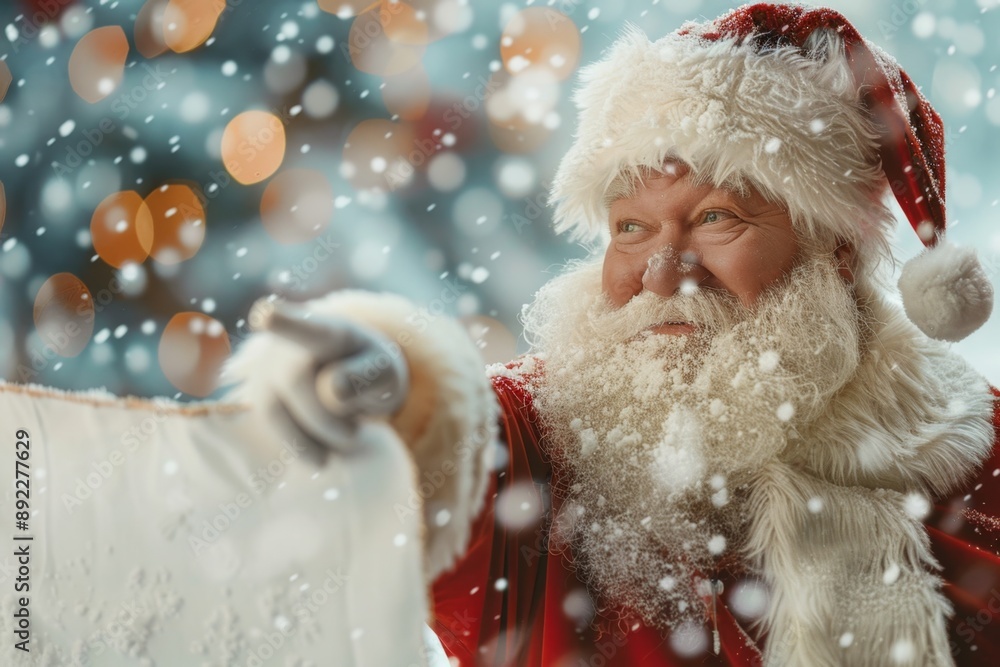 Happy Santa Claus holding a long scroll with holiday wishes in the snow. The image evokes the joy and spirit of Christmas. Ideal for festive greeting cards or holiday-themed projects. Generative AI Happy Santa Claus holding a long scroll with holiday wishes in the snow. The image evokes the joy and spirit of Christmas. Ideal for festive greeting cards or holiday-themed projects. Generative AI