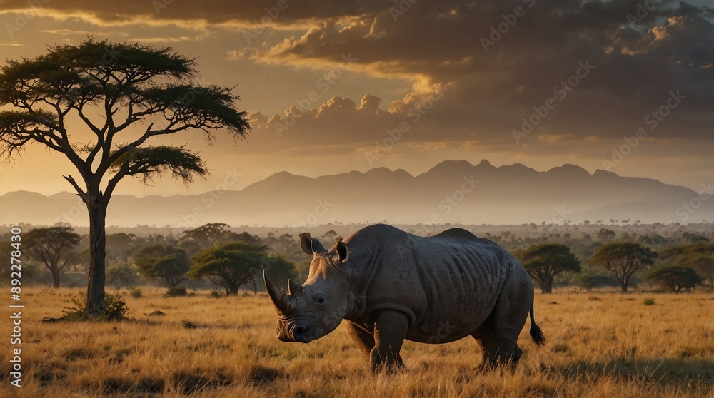 Fototapeta premium landscape photo of a rhinoceros made by AI generative