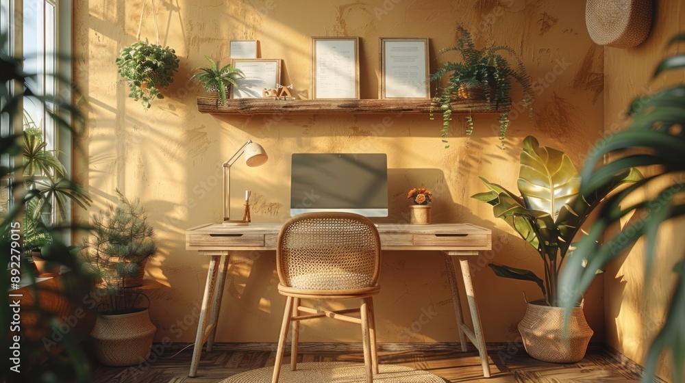 Fototapeta premium Home Office with Minimalist Design and Warm Sunlight
