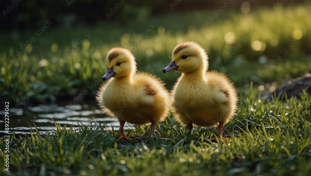 photo of two ducklings playing together in the park made by AI generative photo of two ducklings playing together in the park made by AI generative