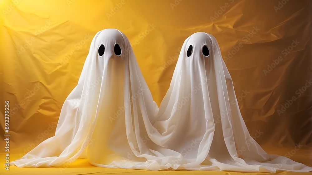 original idea for a template. Halloween ghost costume sheet made of white veil material set against a vivid yellow backdrop. duplicate text area original idea for a template. Halloween ghost costume sheet made of white veil material set against a vivid yellow backdrop. duplicate text area