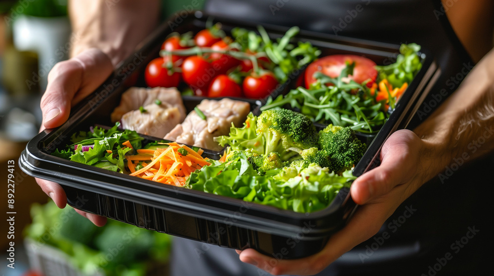 A man holding a black plastic box with a fit meal, which contains white meat, fresh lettuce and vegetables. A man holding a black plastic box with a fit meal, which contains white meat, fresh lettuce and vegetables.