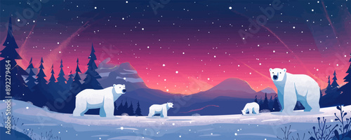 Icy tundra landscape with polar bears and aurora borealis. Vector flat minimalistic isolated