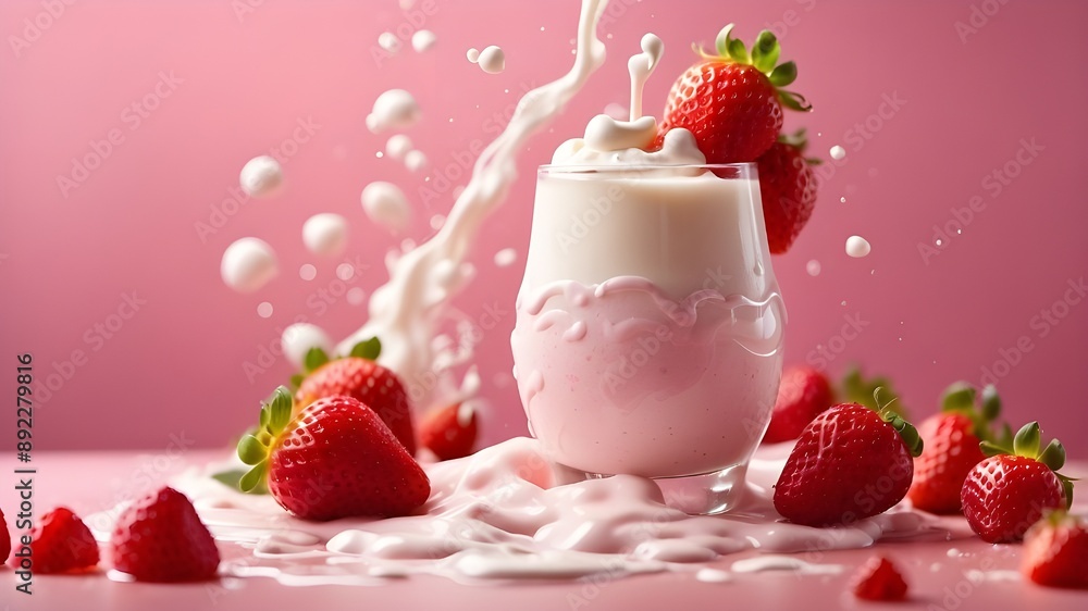 inventive recipe template. close-up Fruit topping: strawberries, glass of milk, yoghurt smoothie, and liquid droplets swirling and splashing over a pink background inventive recipe template. close-up Fruit topping: strawberries, glass of milk, yoghurt smoothie, and liquid droplets swirling and splashing over a pink background
