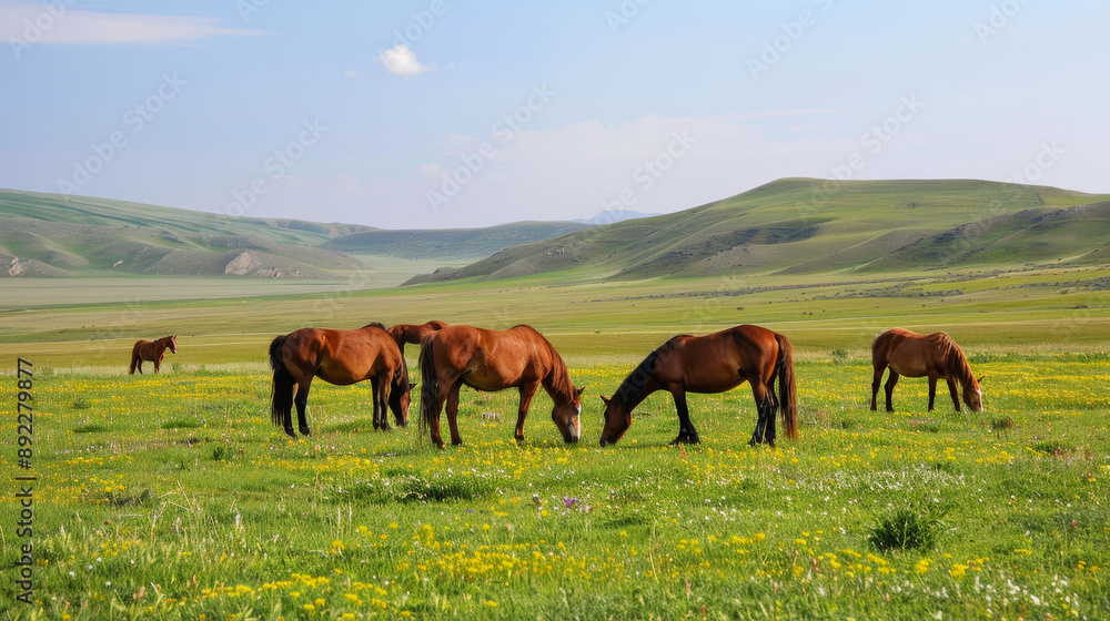 A group of wild horses grazing in a green meadow with a clear sky above A group of wild horses grazing in a green meadow with a clear sky above