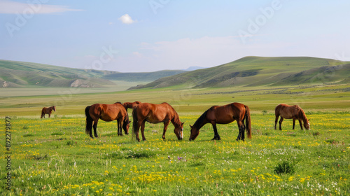 A group of wild horses grazing in a green meadow with a clear sky above