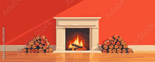 A cozy fireplace with crackling flames and stacked firewood nearby. Vector flat minimalistic isolated illustration.