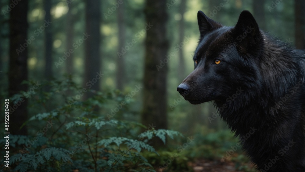 black wolf photo with forest background made by AI generative black wolf photo with forest background made by AI generative