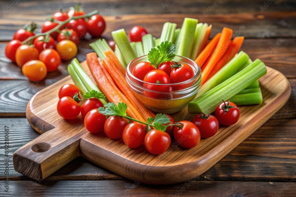Healthy snack with celery and carrot sticks, cherry tomatoes Healthy snack with celery and carrot sticks, cherry tomatoes