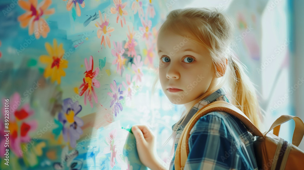 A blonde girl with a serious expression, wearing a backpack, creates colorful floral drawings on a modern white board in a kindergarten classroom.
A blonde girl with a serious expression, wearing a backpack, creates colorful floral drawings on a modern white board in a kindergarten classroom.