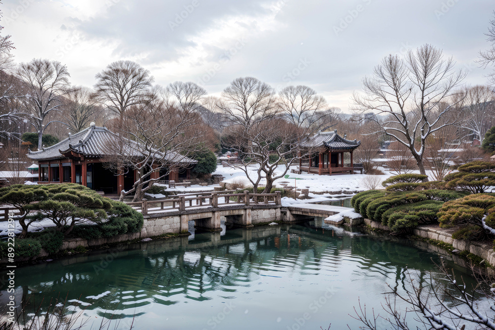 Fototapeta premium A serene classical Chinese garden blanketed in winter snow, with delicate flakes gently falling, creating a picturesque and tranquil scene that captures the timeless beauty of traditional Chinese arch