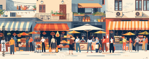 Urban street market with diverse vendors and goods Vector flat minimalistic isolated illustration