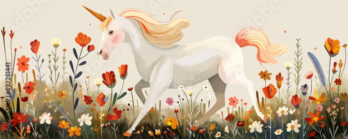 A magical unicorn prancing through a field of wildflowers. Vector flat minimalistic isolated