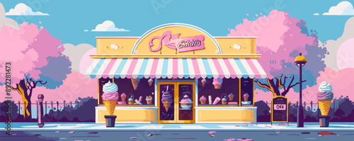 Vintage ice cream parlor with colorful signage Vector flat minimalistic isolated illustration