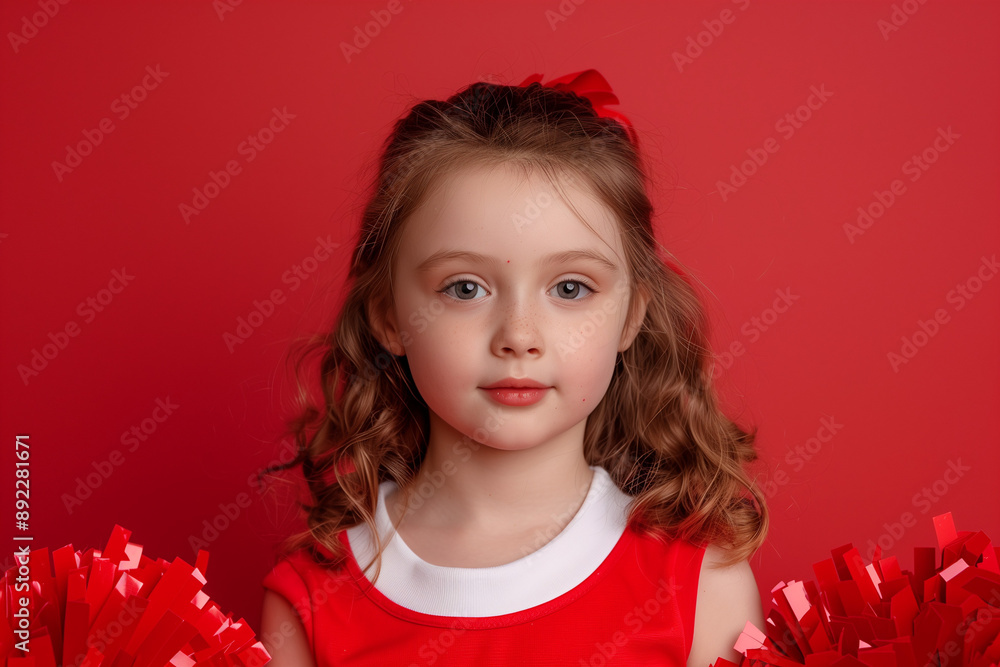 A smiling girl in a red and white cheerleading outfit with pompoms. Cute happy positive kid doing youth sports activity. Background with copy space. Child with curls and hair bow. A smiling girl in a red and white cheerleading outfit with pompoms. Cute happy positive kid doing youth sports activity. Background with copy space. Child with curls and hair bow.