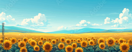 A radiant sunflower field stretching to the horizon. Vector flat minimalistic isolated