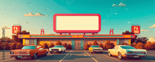 Retro drive-in movie theater with cars parked in front Vector flat minimalistic isolated illustration