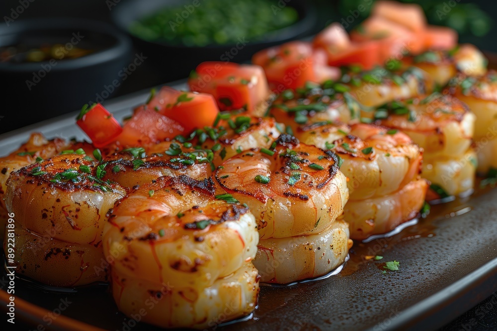 Grilled Shrimp with Tomato and Herbs on a Black Plate Grilled Shrimp with Tomato and Herbs on a Black Plate