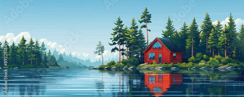 Peaceful lakeside cabin surrounded by trees Vector flat minimalistic isolated illustration