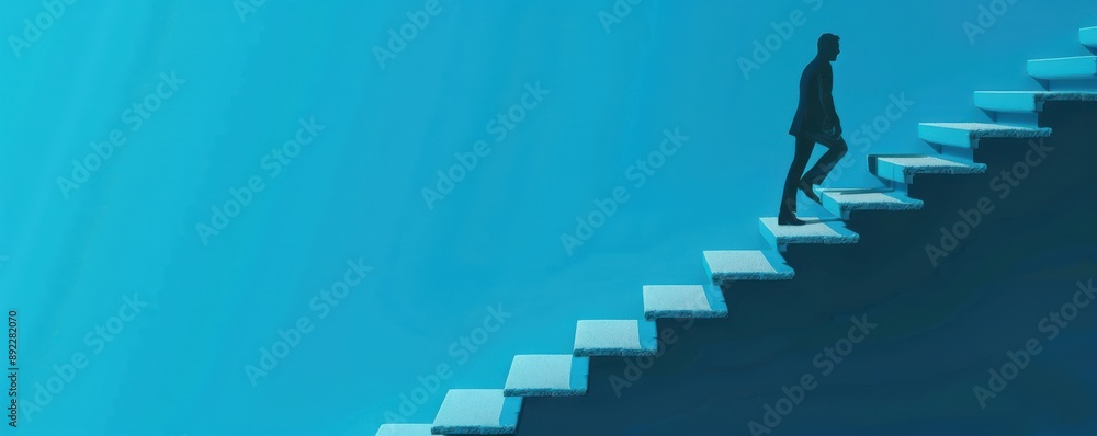 A lone businessperson walks up a staircase against a vibrant, abstract background. A lone businessperson walks up a staircase against a vibrant, abstract background.