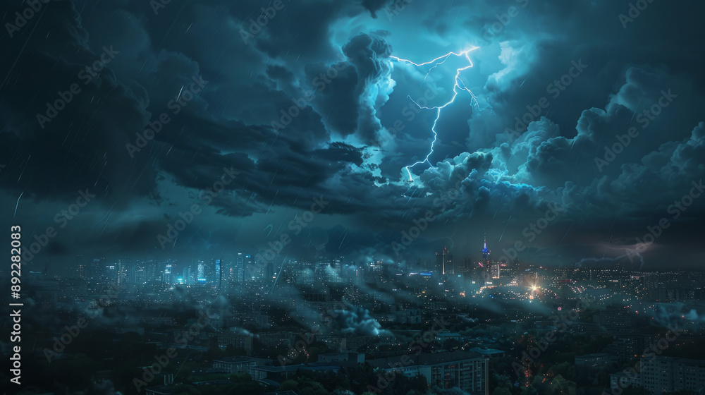 Obraz premium A dramatic thunderstorm with lightning striking in the distance over a city