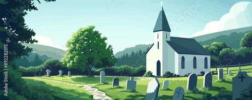 A tranquil countryside chapel with a steeple and a path leading through the graveyard. Vector flat minimalistic isolated illustration.