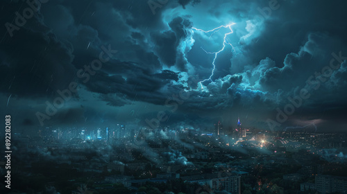 A dramatic thunderstorm with lightning striking in the distance over a city