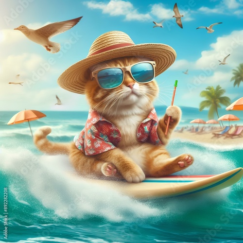 A cat is enjoying a summer vacation, surfing on the waves.
